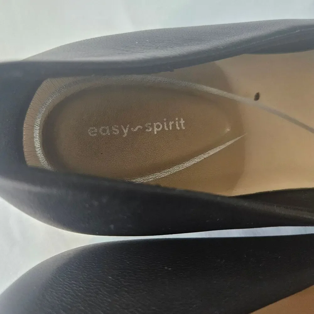 Easy Spirit Caldese leather pumps in black, 1 inch block heel, leather upper.